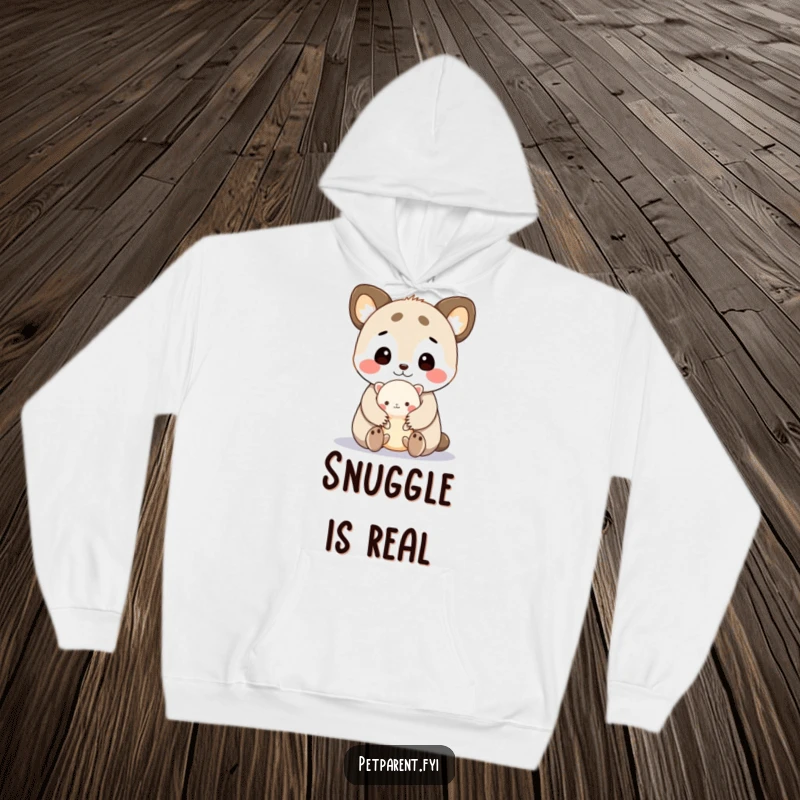 Funny hoodie featuring a cute animal character sweetly cuddling a tiny creature, humorously embodying warmth and companionship.