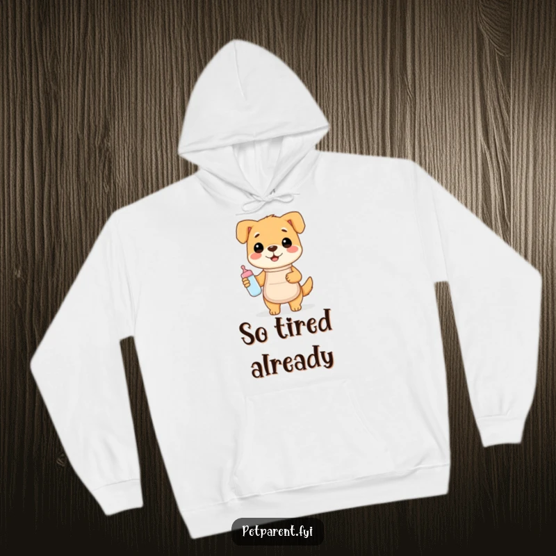 Funny hoodie depicting a happy dog in an apron with a baby bottle, offering humorous warmth and a caring vibe.