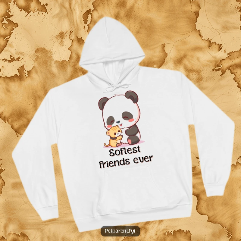 Funny hoodie featuring a happy panda petting a small kitten, perfect for cozying up with adorable friends.