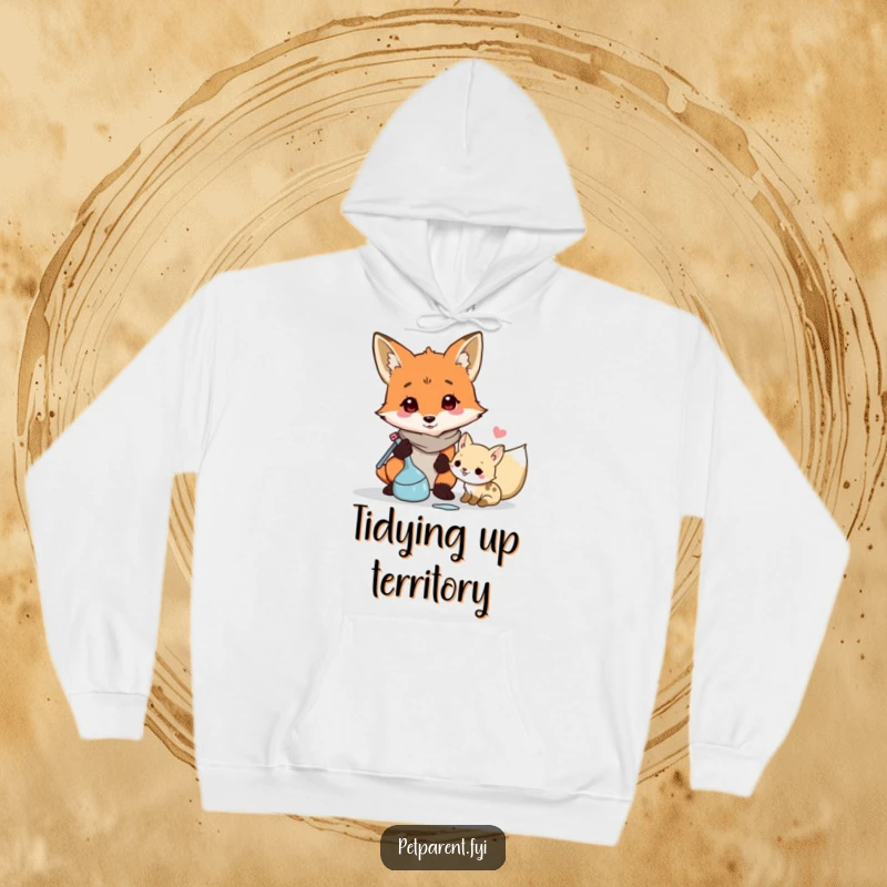 Funny and neat scene of a fox character cleaning up, featured on a soft, hooded sweatshirt.