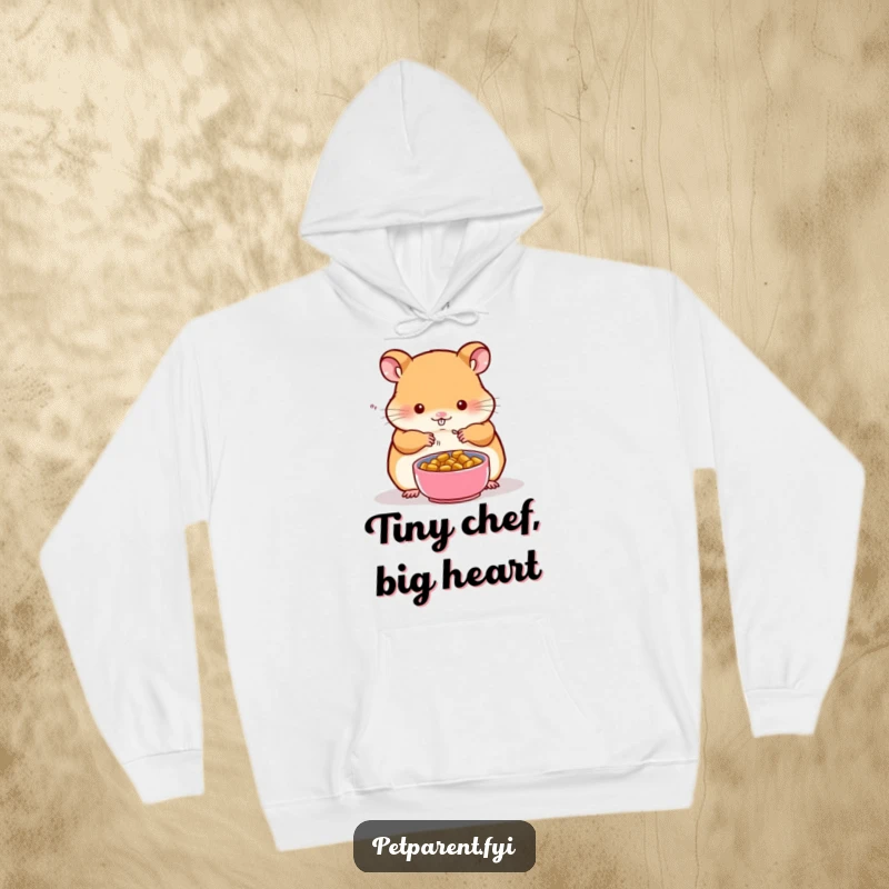 Funny hoodie depicting a meticulous hamster character preparing a tiny food bowl for a small companion, perfect for cozy pet moments.