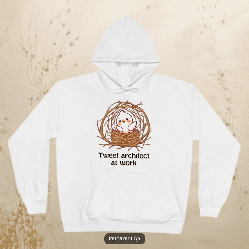 Funny bird diligently building a detailed nest with twigs on a warm, comfortable hoodie, artwork for creators.