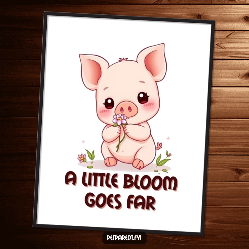 Funny Free Printable Kawaii Piglet Wall Art: A cute kawaii piglet sweetly decorates a friend with a flower.