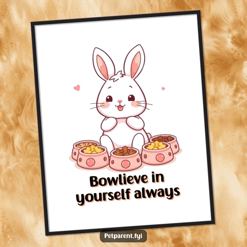 Funny Free Printable Rabbit Wall Art with a content rabbit surrounded by tiny pet bowls, adding a whimsical touch.