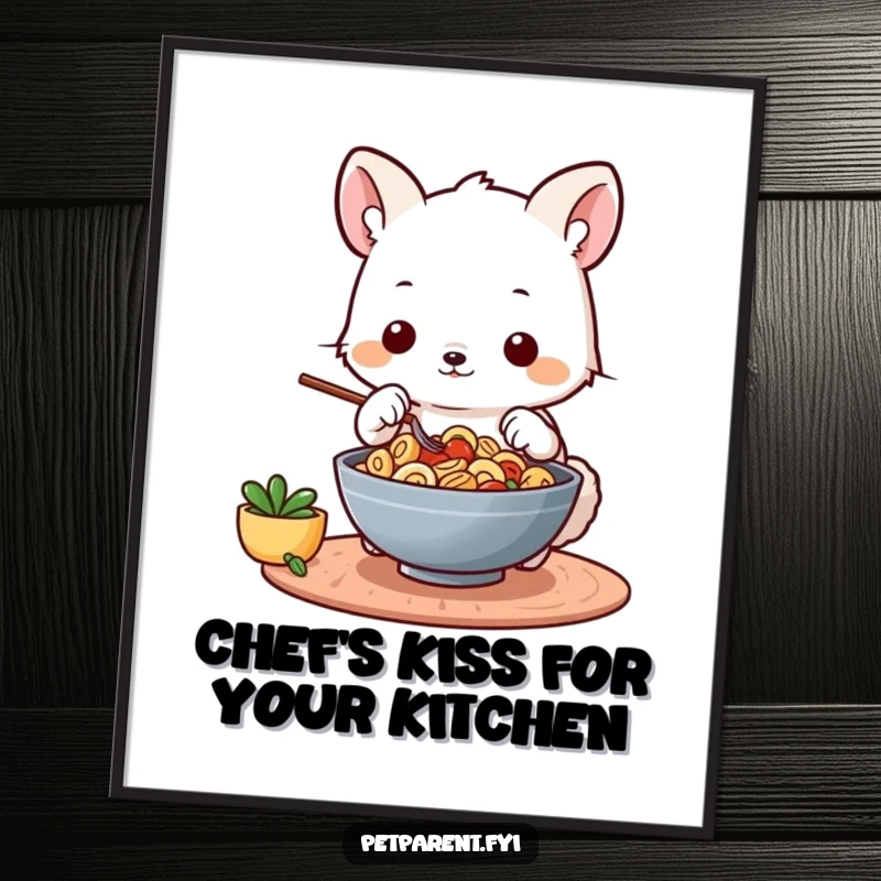 Funny free printable wall art showing a tiny animal character meticulously preparing a gourmet meal with a focused, humorous expression.