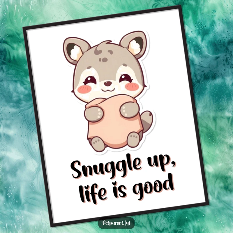 Funny Free Printable Wall Art: A smiling animal character holds a small, soft, warm blanket, radiating comfort and joy.