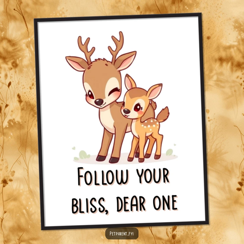 Funny Free Printable Deer Fawn Wall Art, a mother deer nudges her young fawn, depicting nature's tender bond.