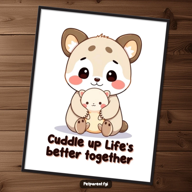 Funny free printable wall art, cute animal character cuddling a tiny creature, unique downloadable art