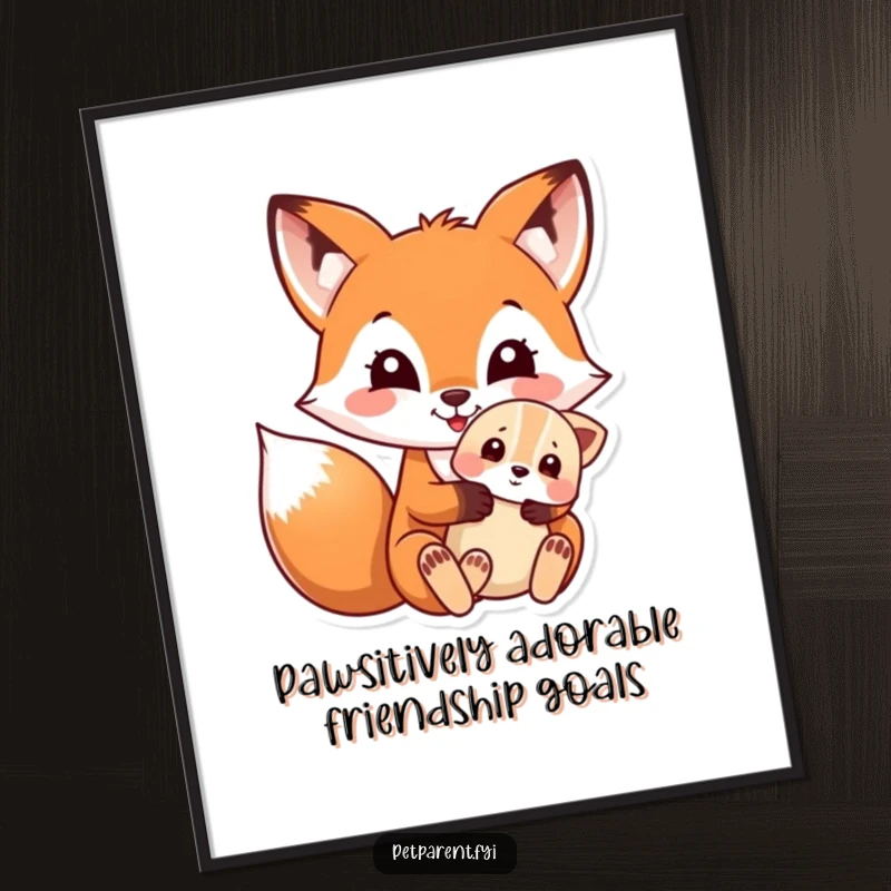 Funny Free Printable Wall Art: A happy fox tenderly holds a small puppy, creating a heartwarming and amusing animal scene.