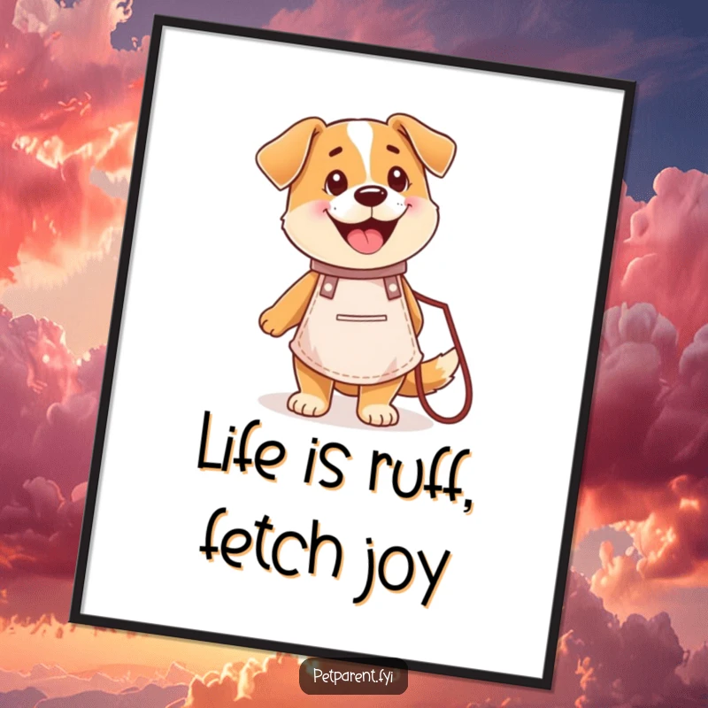 Funny Free Printable wall art of a happy dog wearing a tiny apron and holding a leash, ready for a culinary adventure.