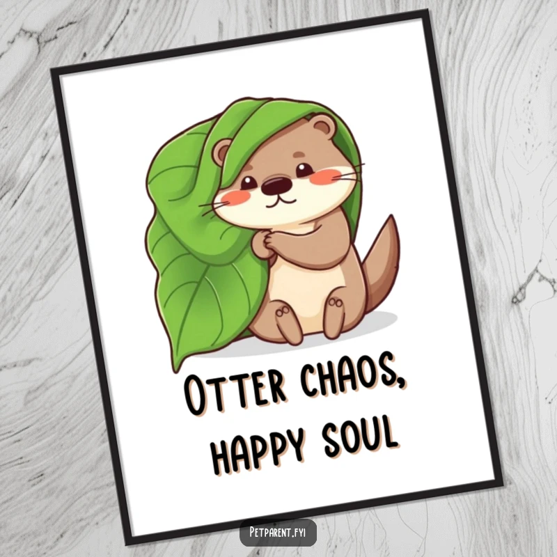 Free printable wall art: A whimsical otter character is snuggled under a large leaf acting as a cozy blanket.