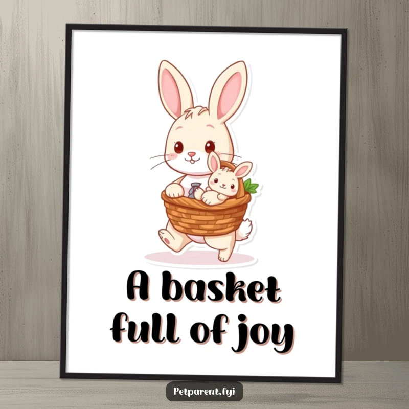 Funny Free Printable Rabbit Wall Art of a rabbit carrying a baby bunny in a basket, perfect for nursery or children's rooms.