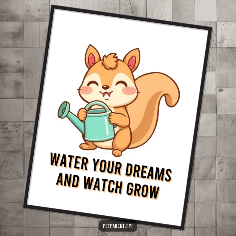 Funny Free Printable Wall Art: A joyful squirrel holds a watering can and tends to a plant, a cute scene.