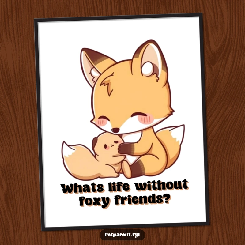 Funny Free Printable Wall Art depicting a nurturing fox character grooming a small creature, a beautiful scene of natural kindness.