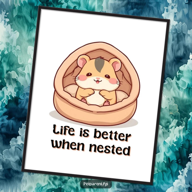 Funny Free Printable Hamster Cozy Bed Wall Art, a hamster nestles in its soft bed, radiating comfort and peace.