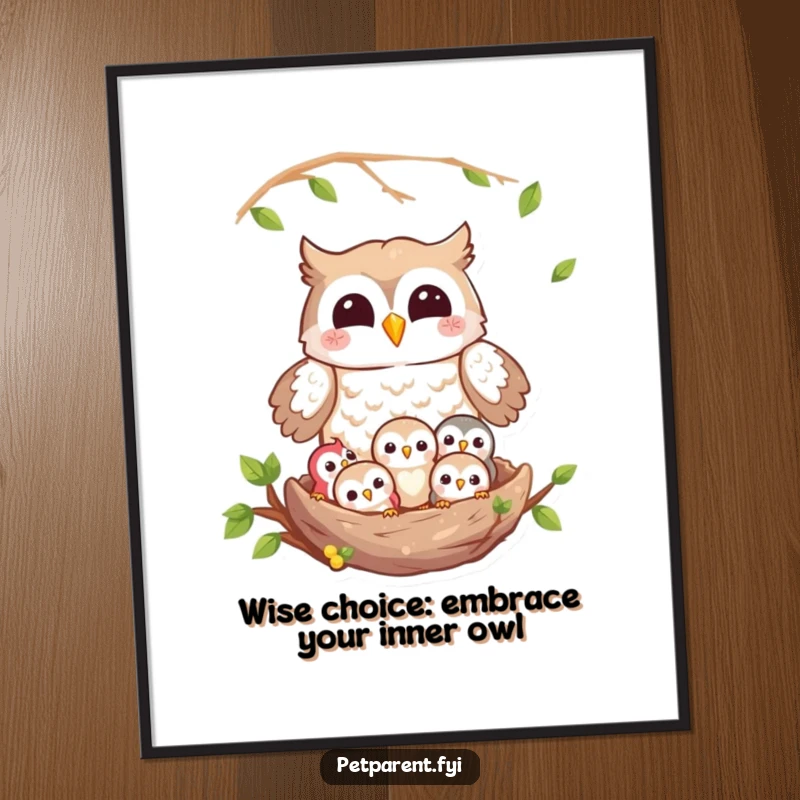 Funny Free Printable Owl Family Wall Art, a mother owl lovingly watches her owlets in their cozy nest, charming decor.