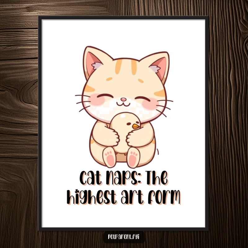 Funny Free Printable Wall Art depicting a smiling cat gently cradling a small, sleepy bird, offering cozy and humorous decor.
