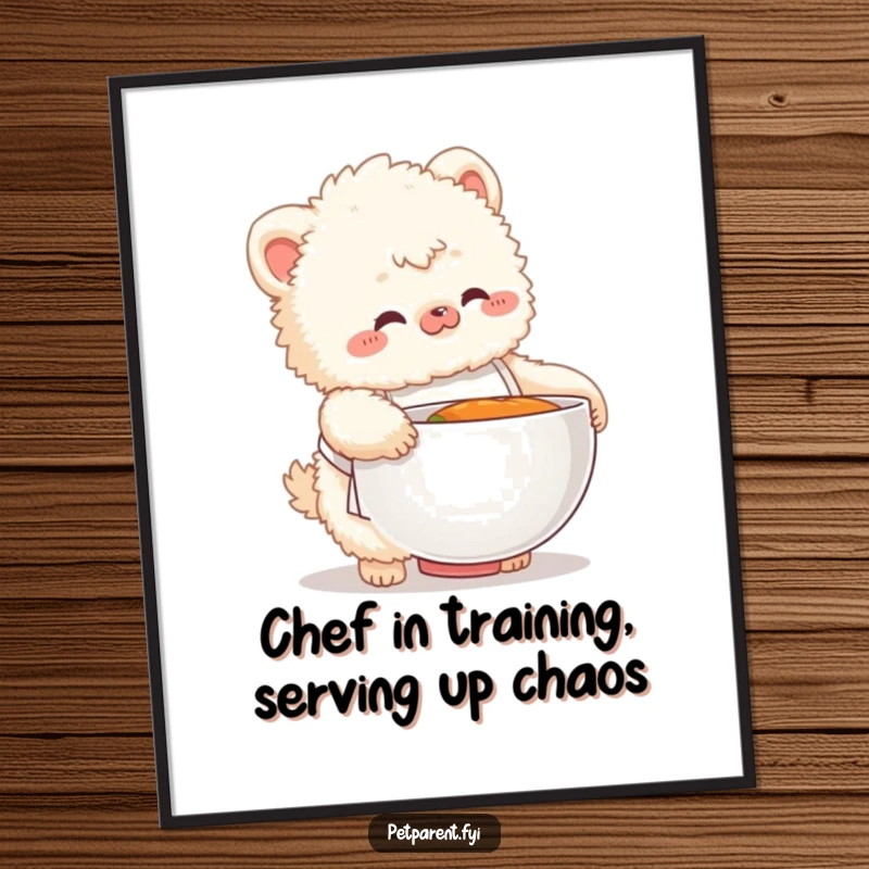 Funny Free Printable Wall Art: Fluffy creature in a chef apron fumbling with an oversized food bowl.
