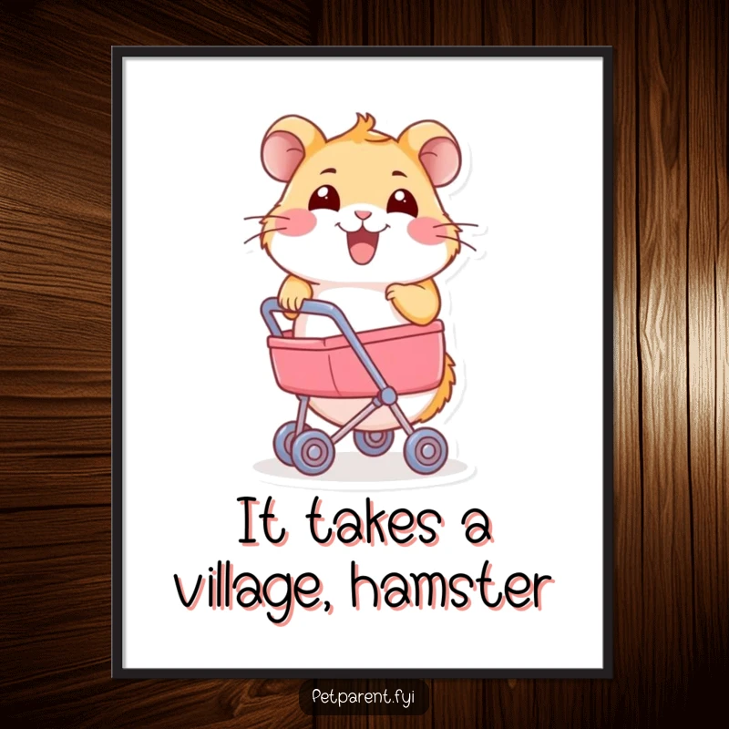 Funny free printable wall art of a joyful hamster pushing a miniature stroller, a humorous and whimsical addition to any room.