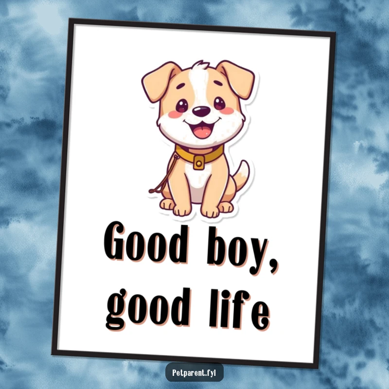Funny free printable wall art of a happy dog wearing a tiny leash and collar, symbolizing readiness for fun and adventure.