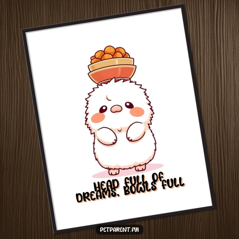 Funny Free Printable Wall Art: Fluffy creature balancing multiple food bowls on its head in a comical display.