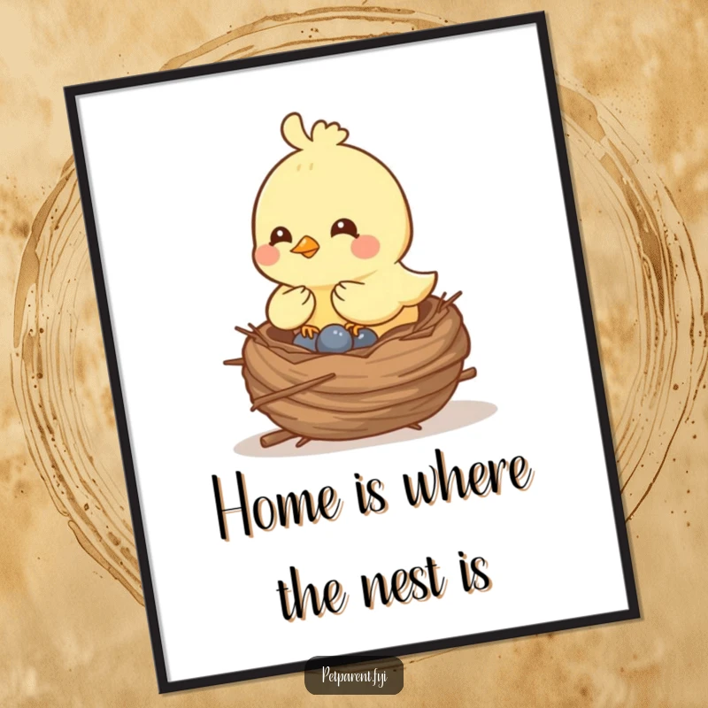 Funny Free Printable Wall Art: Cheerful bird character building cozy nest, cute home decor, downloadable art.