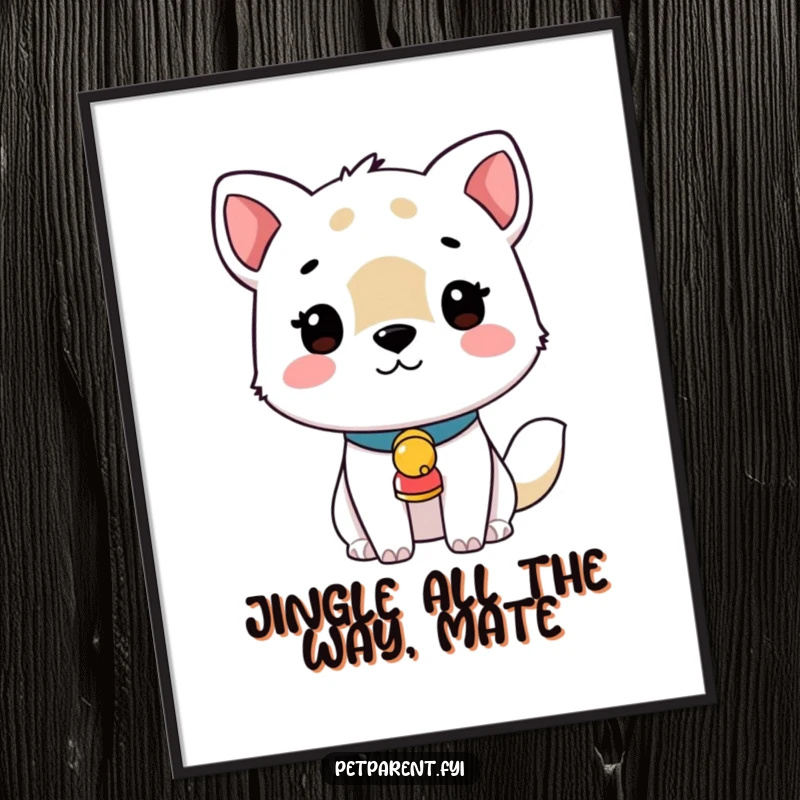 Funny free printable wall art of a cute animal character sporting a tiny collar with a bell that is subtly jingling.