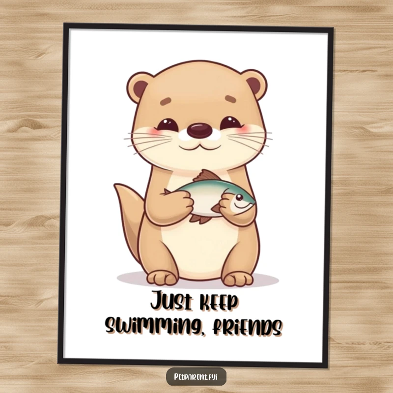 Funny Free Printable Wall Art: A caring otter character gently holding a very small fish, a cute aquatic scene.