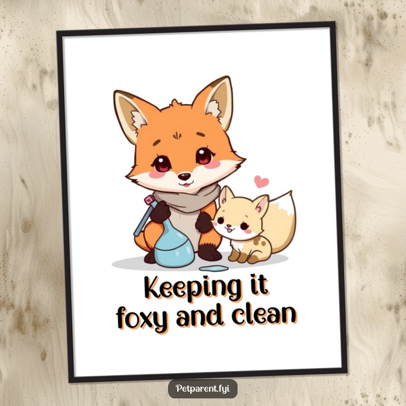 Funny Free Printable Wall Art: A responsible fox character cleaning up toys after a little one, depicting domestic life.