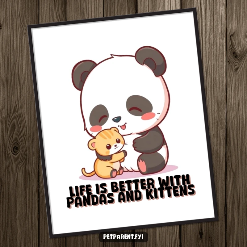 Funny Free Printable Wall Art: A happy panda gently pets a small kitten, creating a scene of pure tenderness.