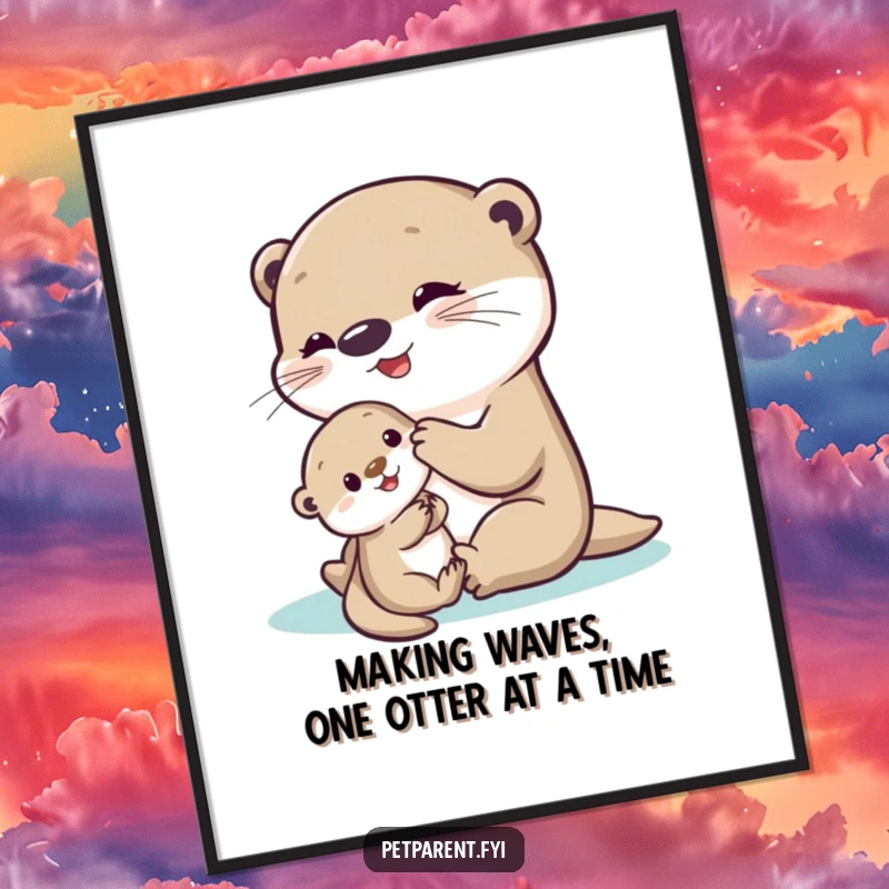 Funny Free Printable Wall Art: Delighted otter enjoys gentle play with a shy baby otter, showcasing pure joy and family love.