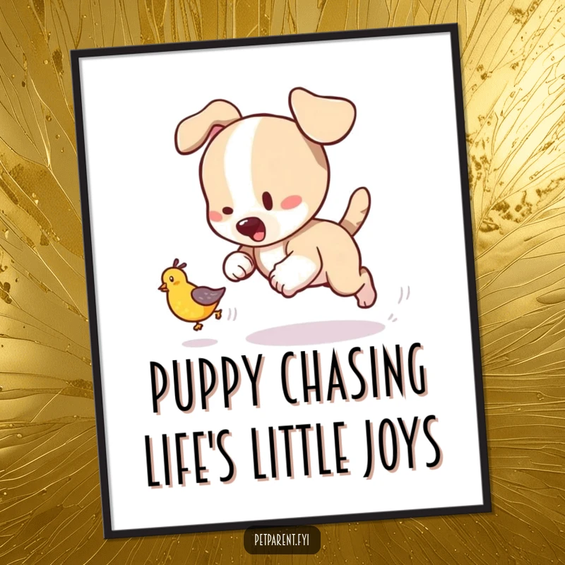 Funny free printable wall art of a playful puppy chasing a tumbling baby bird, ideal for a fun and energetic room.
