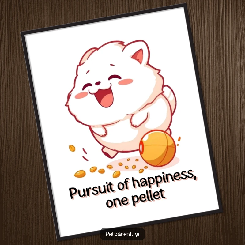 Funny Free Printable Wall Art: a fluffy creature in ecstatic pursuit of a rolling food pellet, full of life.