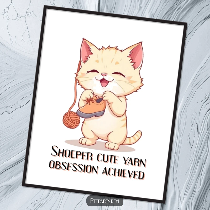 Funny Free Printable wall art depicting a cute kitten gleefully batting at a dangling yarn ball that is shaped like a tiny shoe.