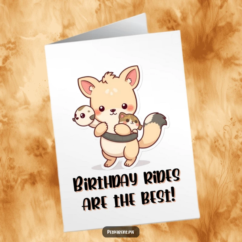 Funny Free Printable Birthday Card: Playful animal giving a cheerful piggyback ride to a small friend.