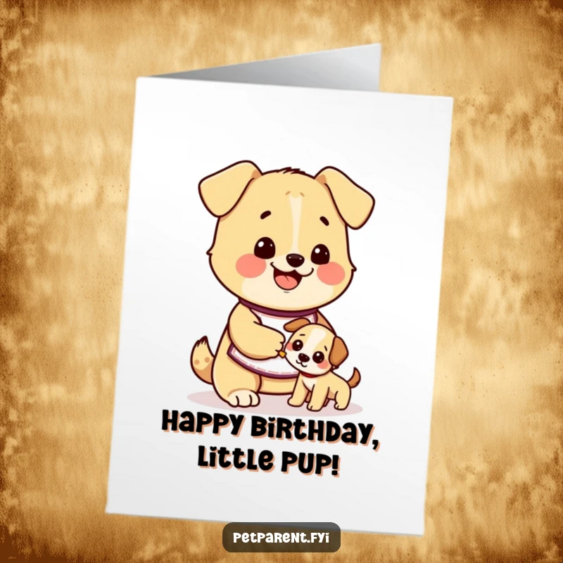 Funny Free Printable Birthday Card: A cute dog in an apron happily feeds a smaller puppy.