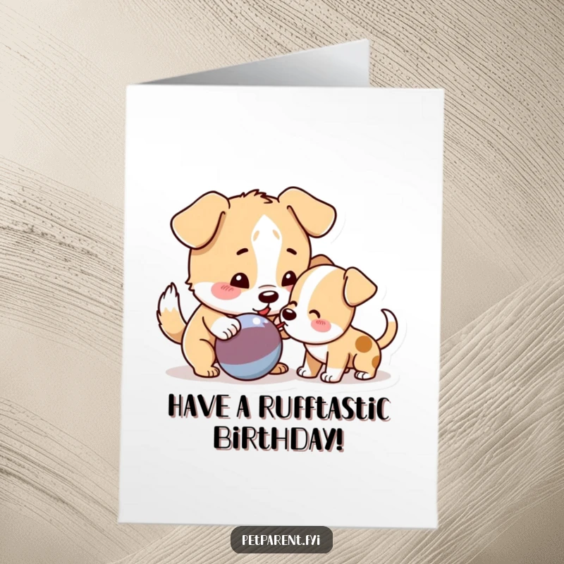 Funny Free Printable Birthday Card: Playful dog nudges a squeaky toy towards an eager puppy, inviting fun.