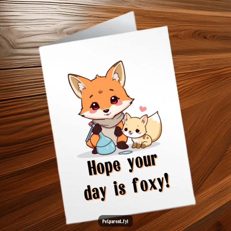 Funny Free Printable Birthday Card: Responsible fox character tidying up toys left by a little one, relatable humor.