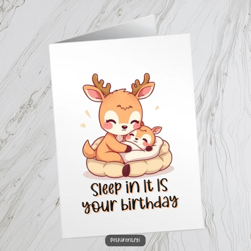 Funny Free Printable Birthday Card featuring a gentle deer offering a soft, comfortable bed to a friend.