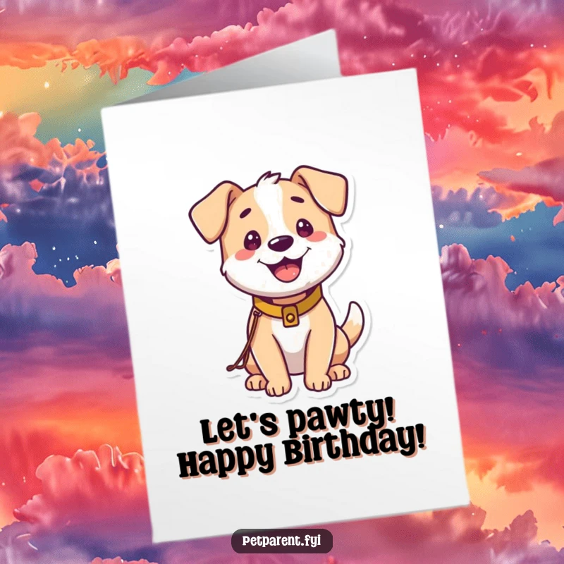 Funny free printable birthday card with a happy dog sporting a tiny leash and collar, ready for a birthday adventure.
