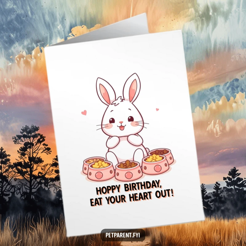 Funny Free Printable Rabbit Birthday Card featuring a content rabbit surrounded by tiny pet bowls, wishing a very happy birthday.