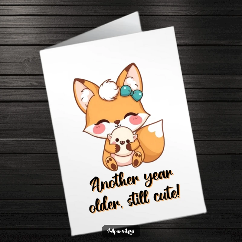 Funny Free Printable Kawaii Fox Birthday Card: Cute fox joyfully hugs a fuzzy toy, ready for wishes.