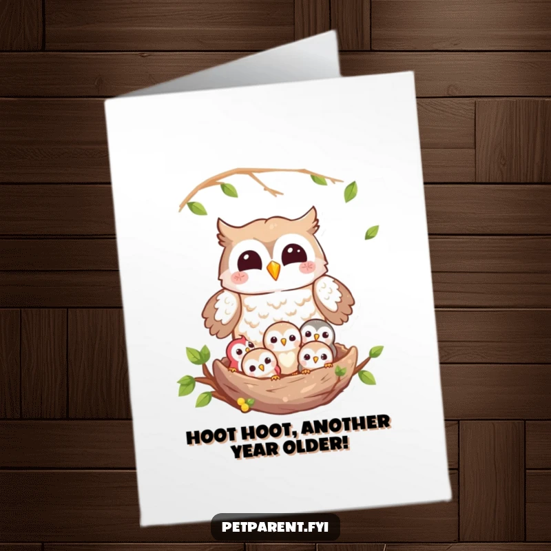 Funny Free Printable Owl Birthday Card, a mama owl watches her cute owlets in a nest, perfect for a child's special day.