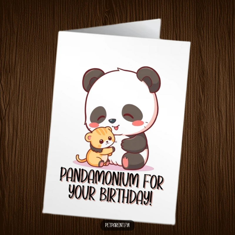 Funny Free Printable Birthday Card: A happy panda gently pets a small kitten, sharing birthday cheer. A cute DIY gift.