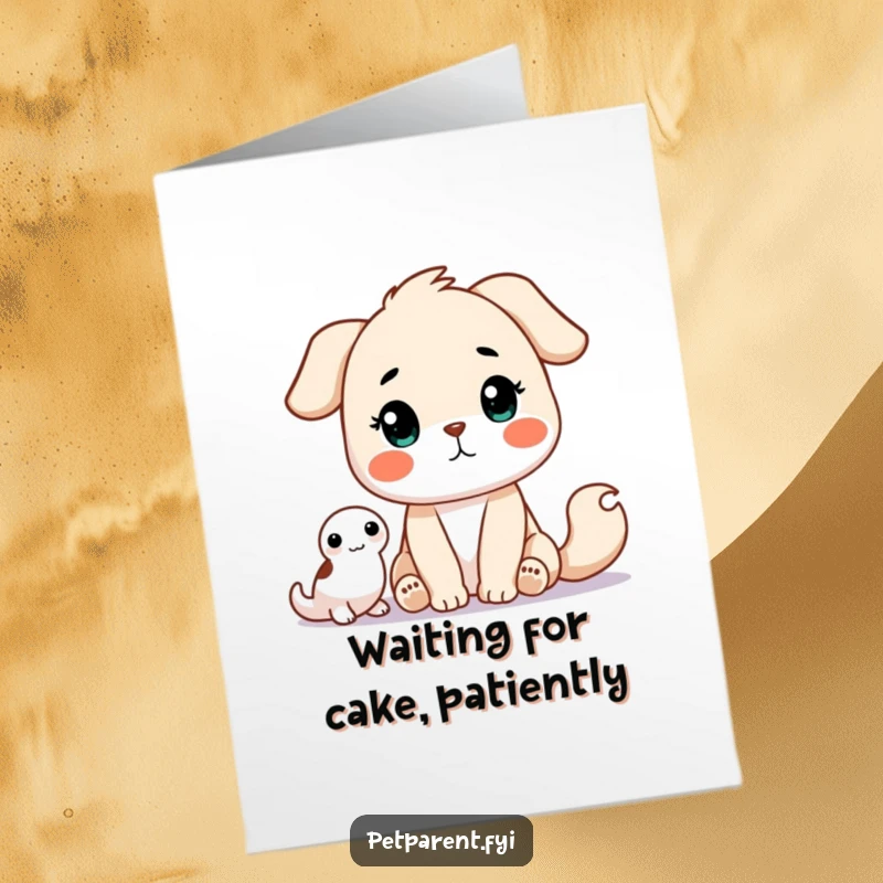 Funny Free Printable Birthday Card: a patient animal character eagerly waiting for a pet, with hopeful eyes, perfect for birthdays.