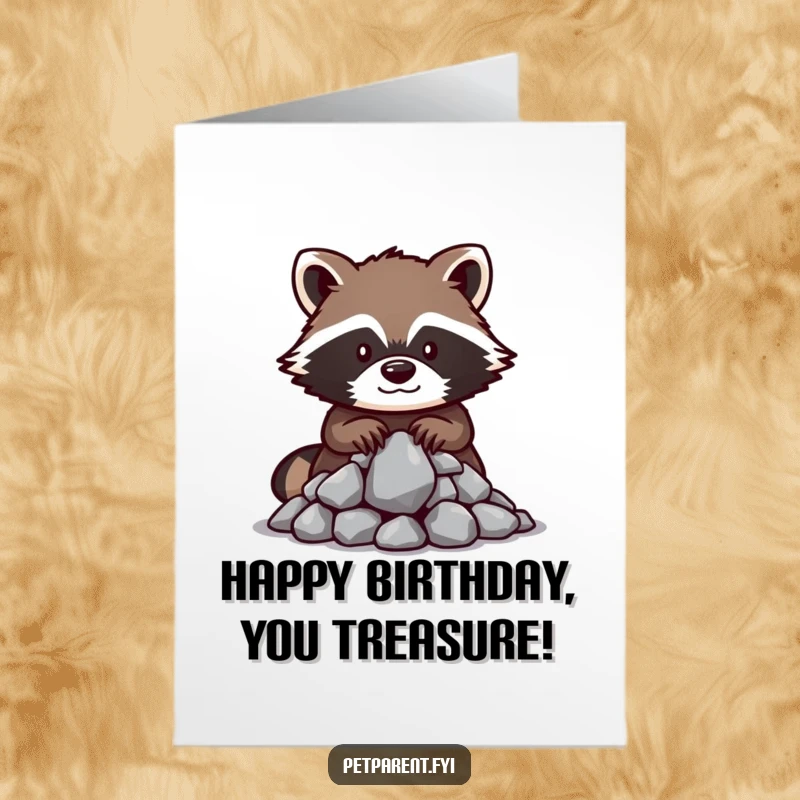 Funny Free Printable Raccoon Birthday Card, a raccoon guards shiny rocks, celebrating a birthday treasure hunt.