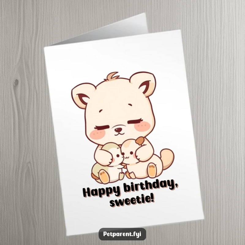 Funny Free Printable Birthday Card: Nurturing animal tenderly grooming a smaller, content creature.