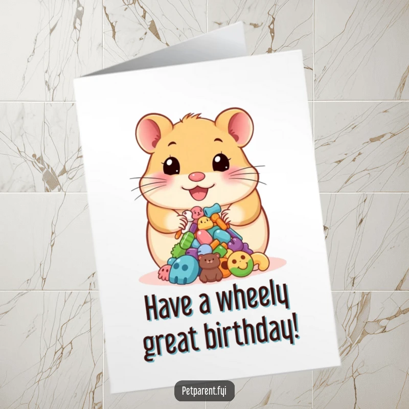 Funny Free Printable birthday card featuring a happy hamster proudly presenting a small pile of colorful pet accessories.