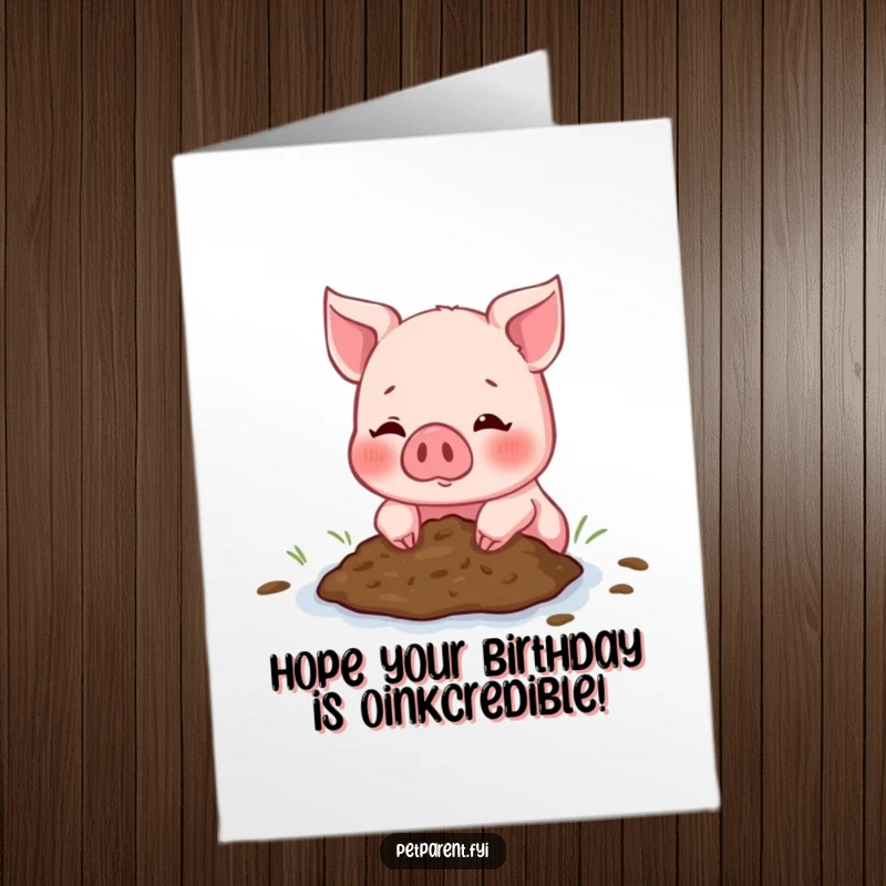 Funny Free Printable Birthday Card: A blushing piglet cheerfully offers a tiny mud puddle to a friend, inviting muddy fun.