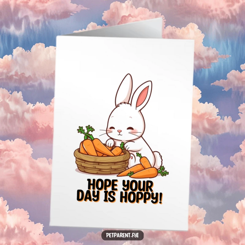 Funny Free Printable Birthday Card showing a patient rabbit character looking lovingly at a brimming basket of carrots, anticipating a feast.